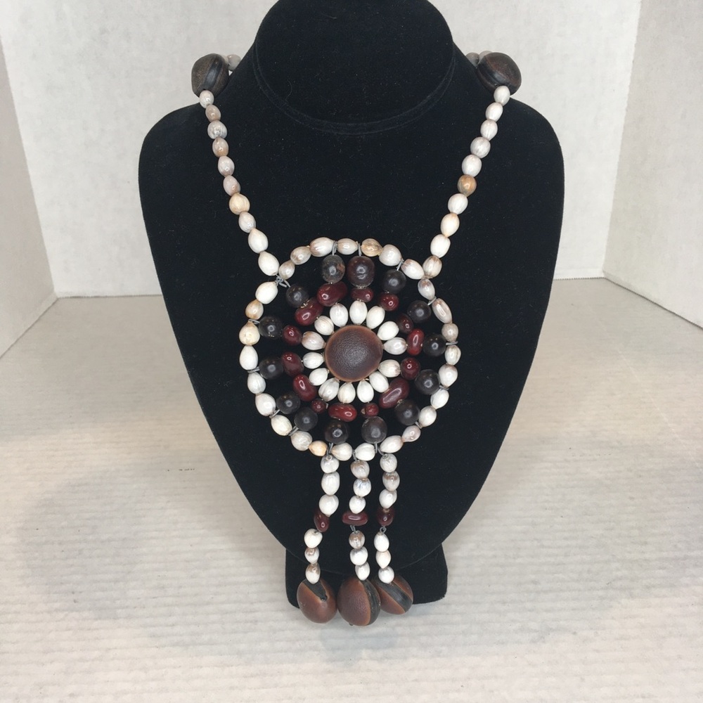Vintage Boho Bean/Seed/Nut Statement Necklace Large Medallion